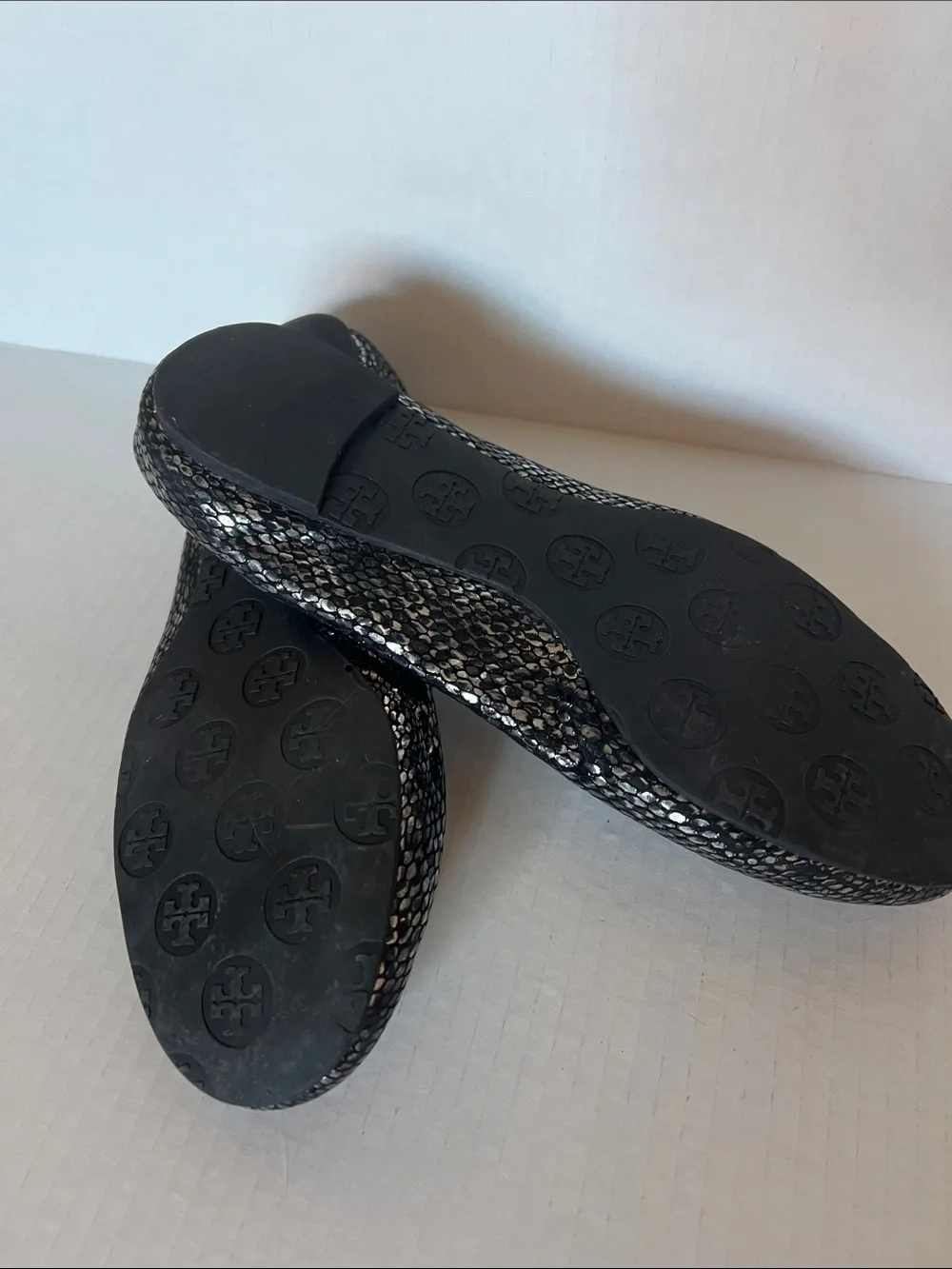 Tory Burch Black Snake-Print Embossed Reva Flats with Gold Logo
